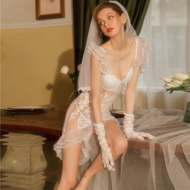 Long Bridal Nightwear Dress with Thin Lace Perspective Mesh for Role Play Uniform