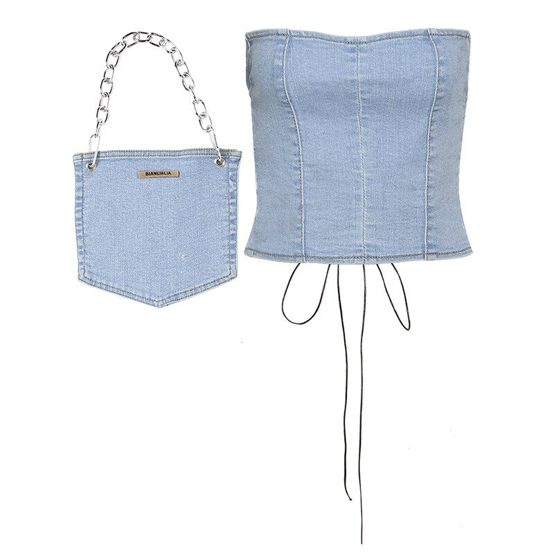 Stylish Strap Denim Top Corset with Backless and Bag