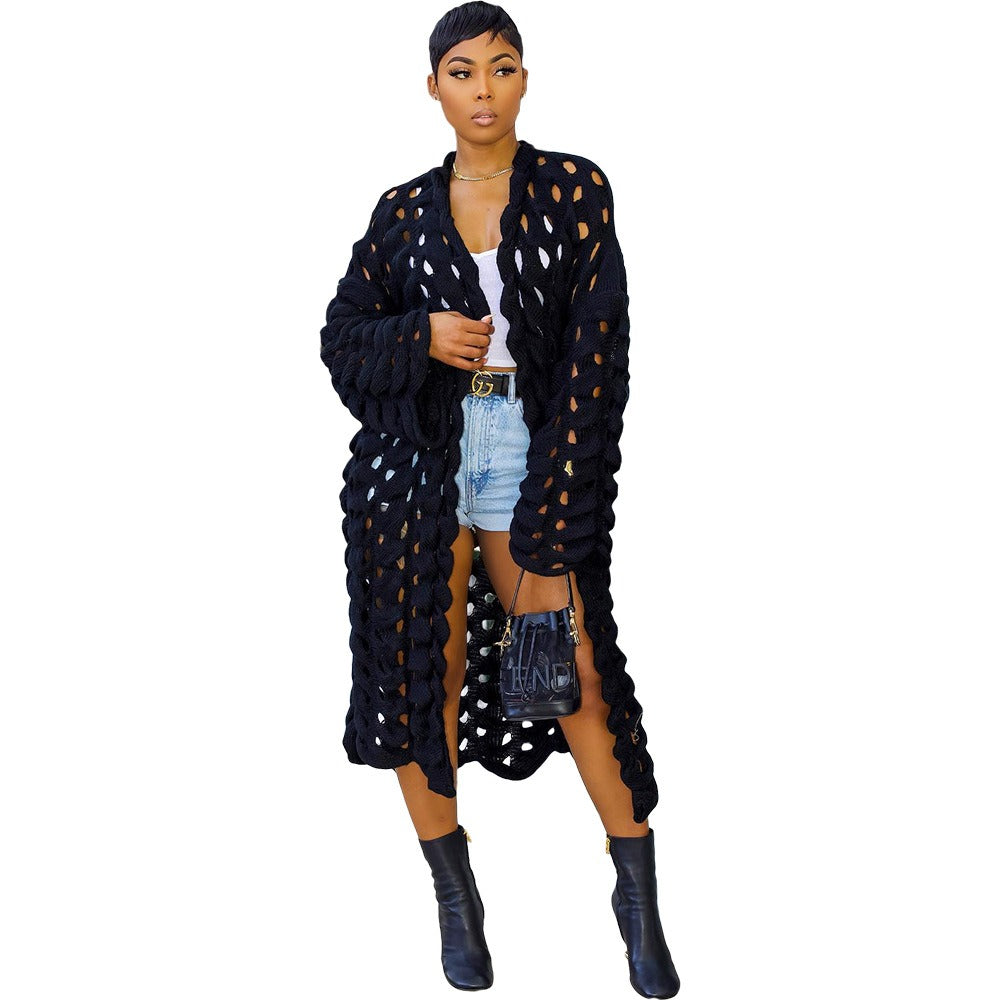 Elegant Overcoat Long Cardigan Sweater with Knitted Twist Crochet and Hollow Out Sleeves