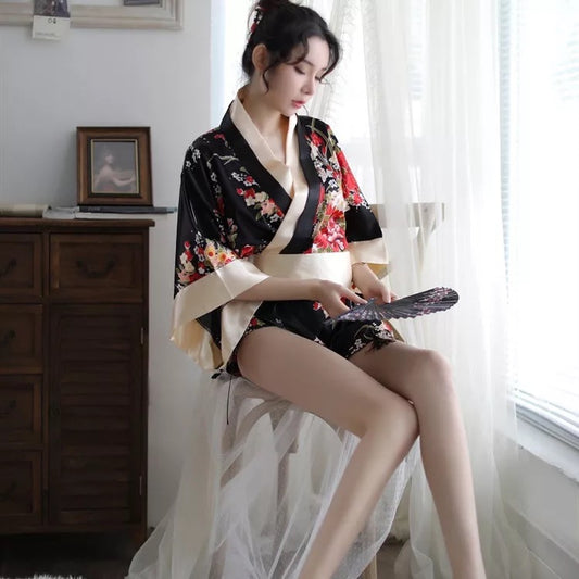 Sexy Floral Japanese Kimono Robe with Lace
