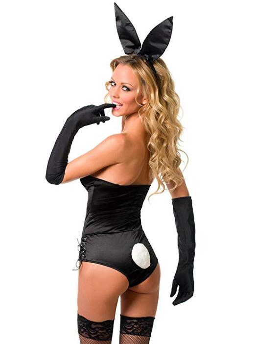 Sexy Black Classic Erotic Bunny Costume with Velvet Kitten