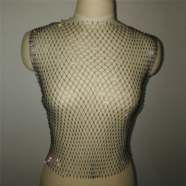 Tank Top with Sexy Diamonds Mesh Cropped and See Through Rhinestone Net