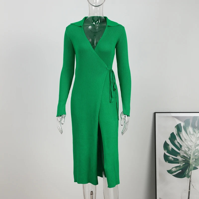 Sexy Elegant Green Long Robe Dress with Ribbed Polo Collar, V-neck Split Knitting and Wrap Lace Up