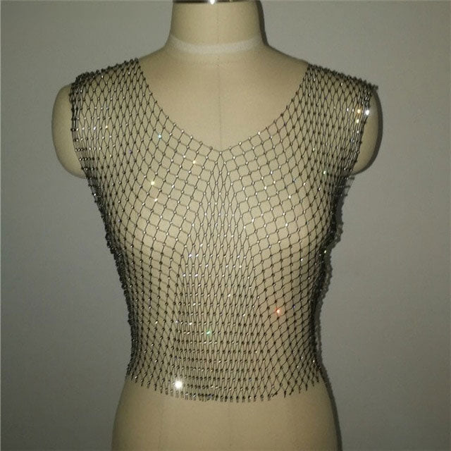 Tank Top with Sexy Diamonds Mesh Cropped and See Through Rhinestone Net