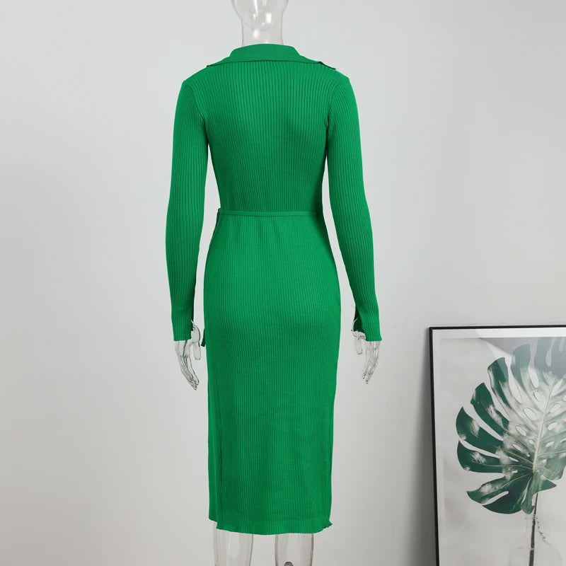 Sexy Elegant Green Long Robe Dress with Ribbed Polo Collar, V-neck Split Knitting and Wrap Lace Up