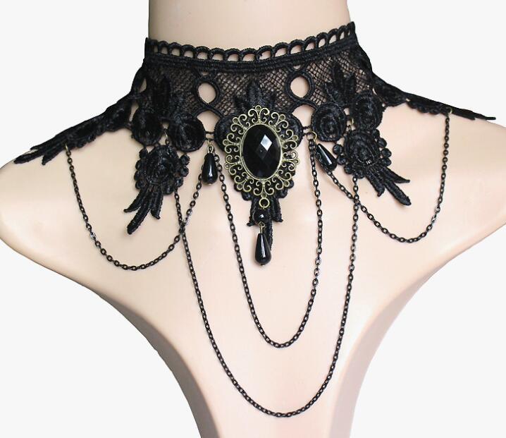 Punk Wide Earrings, Necklace and Bracelet with Black Lace and Tassel