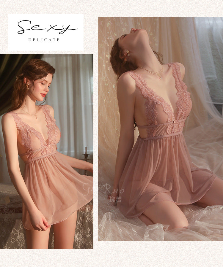 Sexy Mesh Nightdress with Lace V-Neck and Hot Backless Deep-V Sling