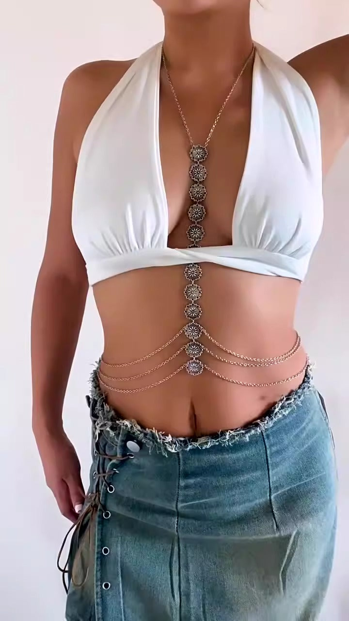 Retro Plate Chain for Body and Waist with Sexy Tassel Flower