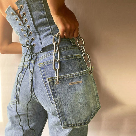 Stylish Strap Denim Top Corset with Backless and Bag
