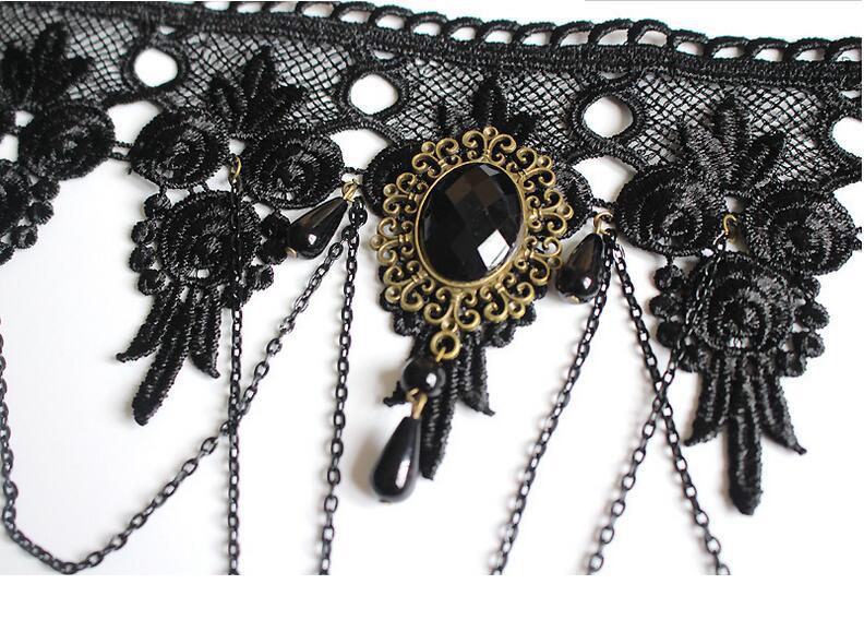 Punk Wide Earrings, Necklace and Bracelet with Black Lace and Tassel