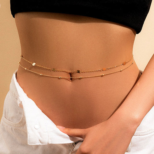 Retro Sexy Double-Layer Geometric Disc Metal Chain for Waist Body with Stitching