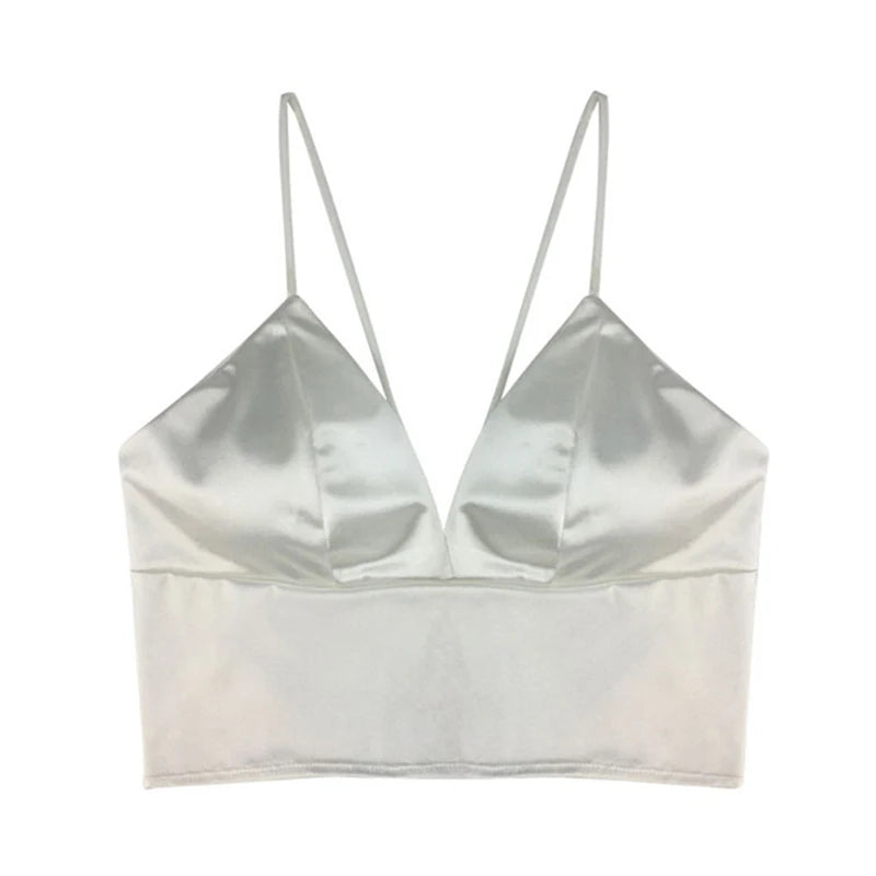 Sexy Satin Cropped Top Bralette with Crochet and Chest Padded Camisole