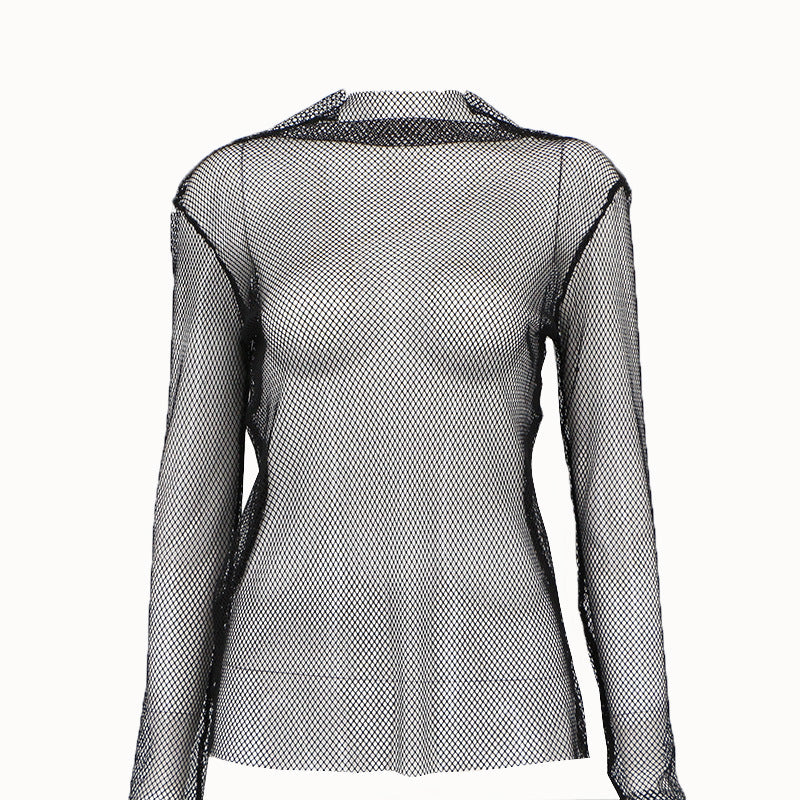 Solid Color Top with Collar and Long Sleeve Mesh